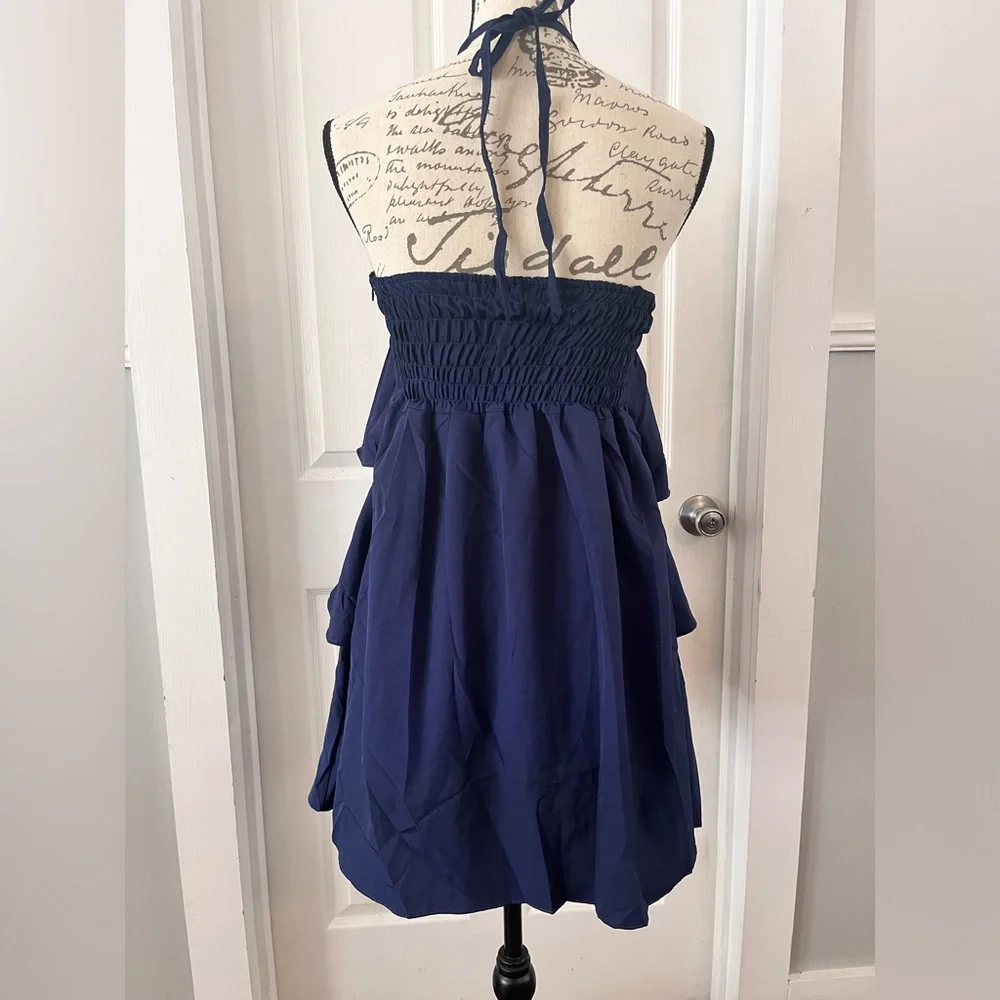 NWT Navy Blue Tiered Halter Mini Sundress Smocked Sz Small Tie Neck Bohemian - Picture 6 of 10